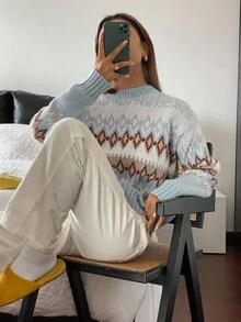 DAZY 女款復古費爾島圖案提花寬鬆圓領休閒街頭風毛衣，秋冬聖誕新年度假穿搭 - 藍色 - 查看 6