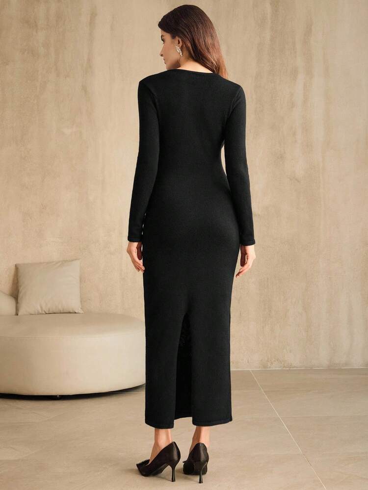 Vestido de punto ajustado con cuentas negras para mujer, vestido de invierno de alta gama, vestido para la iglesia