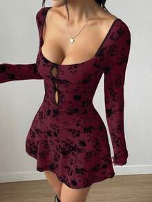 EgrlEra Petite 女式植绒网眼镂空蝴蝶结长袖透视连衣裙 - 彩色 - 查看 3