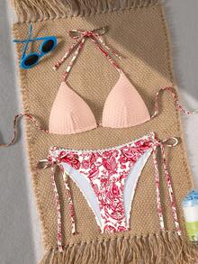 Swim Vcay 2pcs/Set White Floral Summer Boho Pool Party Holiday Textured Patchwork Multicolor Triangle Halter Ruffle Decor Elegant Bikini Swimsuit Set - Multicolor - View 5