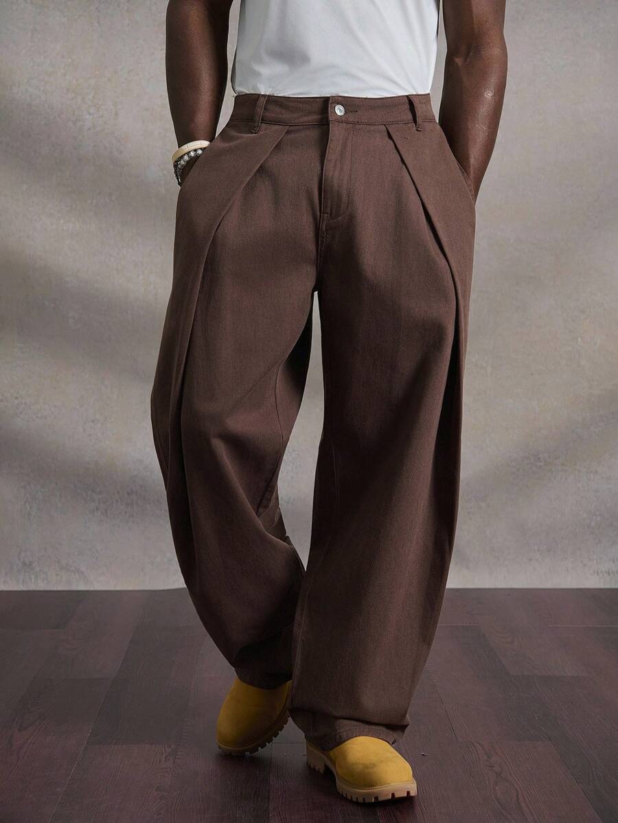 Manfinity Roghcode Manfinity Streetrush Lässige Distressed-Denimhose mit weitem Bein, entspannter amerikanischer Stil, plissierte, lockere Passform, schmeichelhaft, vielseitig für den Alltag, Business Casual, Vintage, verwaschene Baggy für Distressed-Jeans - Braun - Übersicht 1