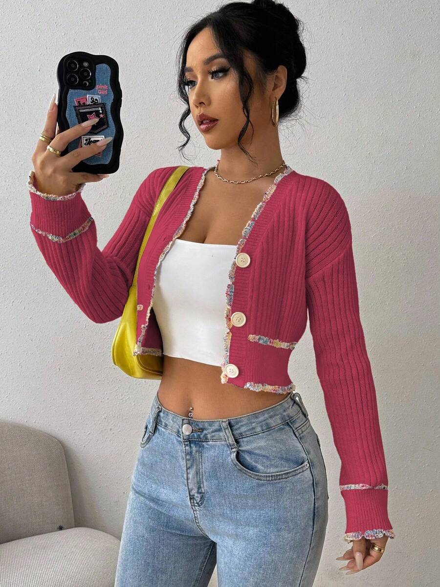 EMERY ROSE Women's Casual Contrast Trim Cropped Cardigan, Autumn - Redwood - View 1