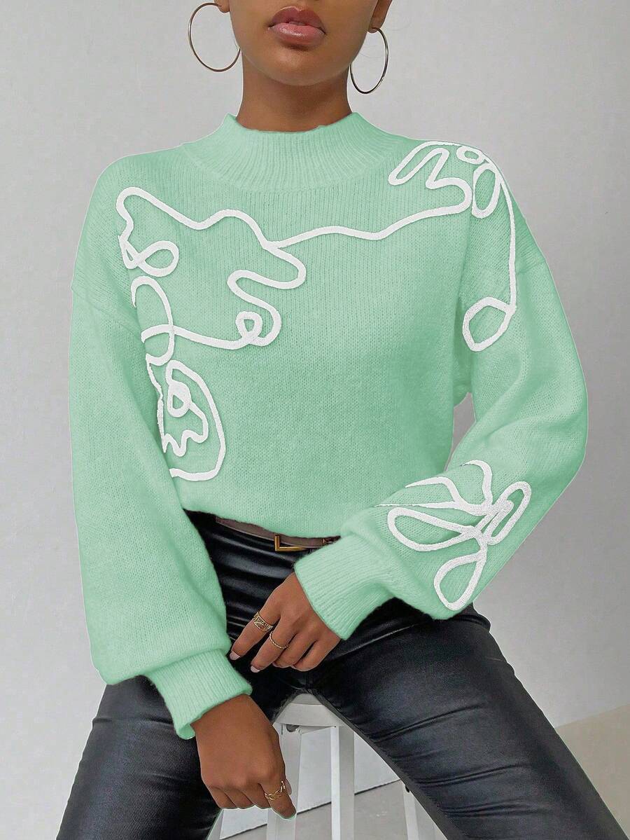 SHEIN LUNE 女士休闲3D图案针织毛衣,秋冬 - 綠色 - 查看 1