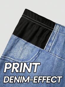 EMERY ROSE ‌Plus Size Women's Stretch Flare Pants - Faux Denim Print Wide Leg Trousers Non-Jeans For Fall Winter Office Halloween Party