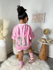 少女宽松V领豹纹字母图案休闲运动T恤 粉色 Y2K - 粉色 - 查看 2