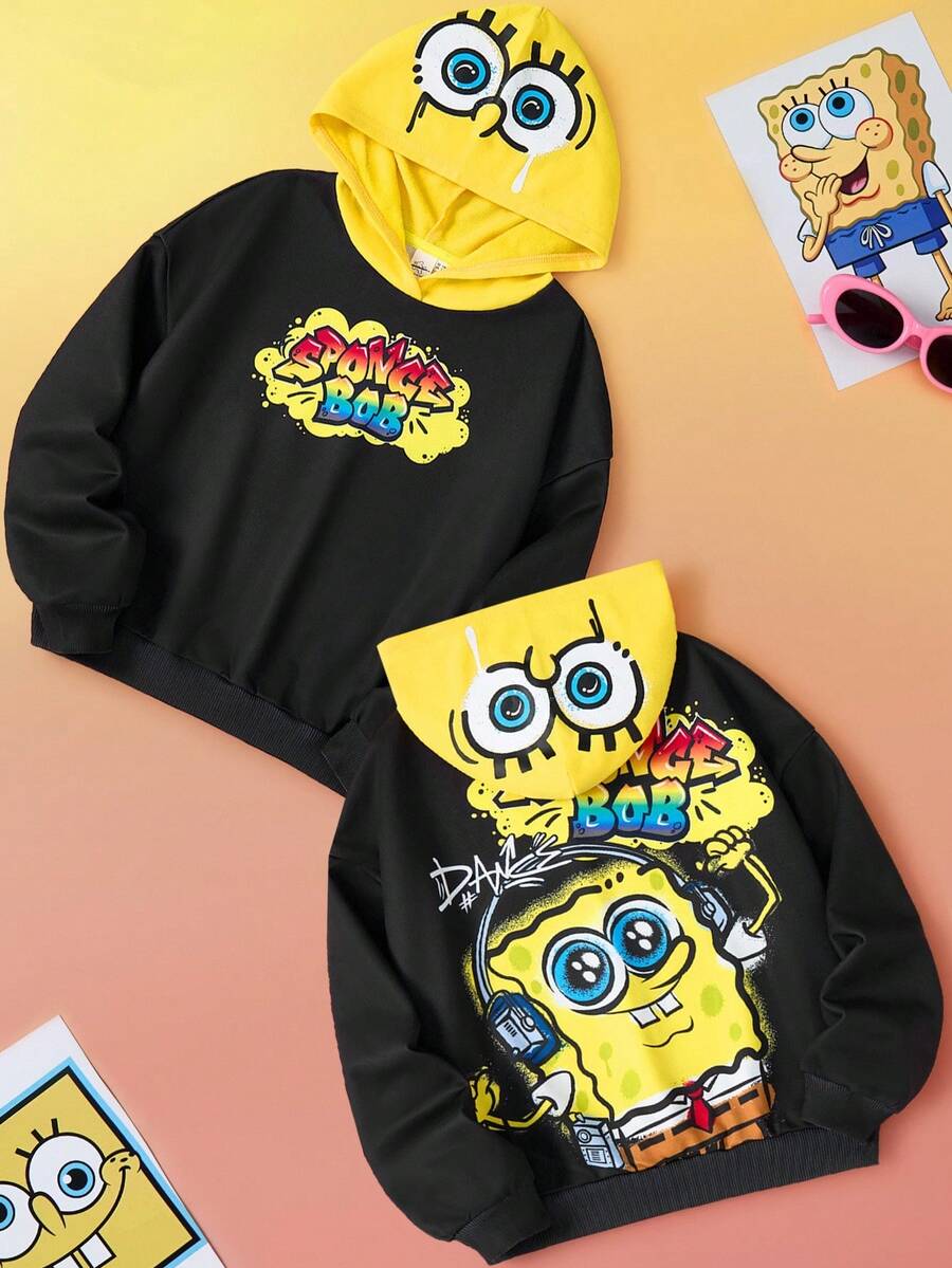 SpongeBob SquarePants | SHEIN 少女涂鸦卡通图案撞色宽松落肩连帽卫衣，秋冬 - 黑色 - 查看 1