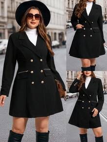 SHEIN Clasi Plus Size Elegant Vintage Lapel Waist Flared Dress Coat With Zipper Pockets, Elegant Black Double-Breasted Coat With Metal Buttons And Zipper Pockets, Waist-Cinched Jacket Dress, Chic Black Overcoat And Trench Style Jacket, Versatile Outerwear For Daily Wear, Office, Travel, Date Nights, And Party Looks, Must-Have Fall Winter Fashion, Anti-Theft Pocket Black Jacket Autumn - Black - View 7