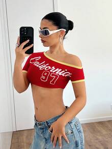 EgrlEra Women's Street KPop Style Letter Print Slash Neck Cropped Tee, Sporty Baddie Dopamine Vibe, 90s Clothes - Red - View 6
