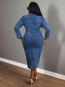 Slaydiva 1 件女士加大码长袖镂空连衣裙，时尚蓝色 - 中等水洗藍 - 查看 2