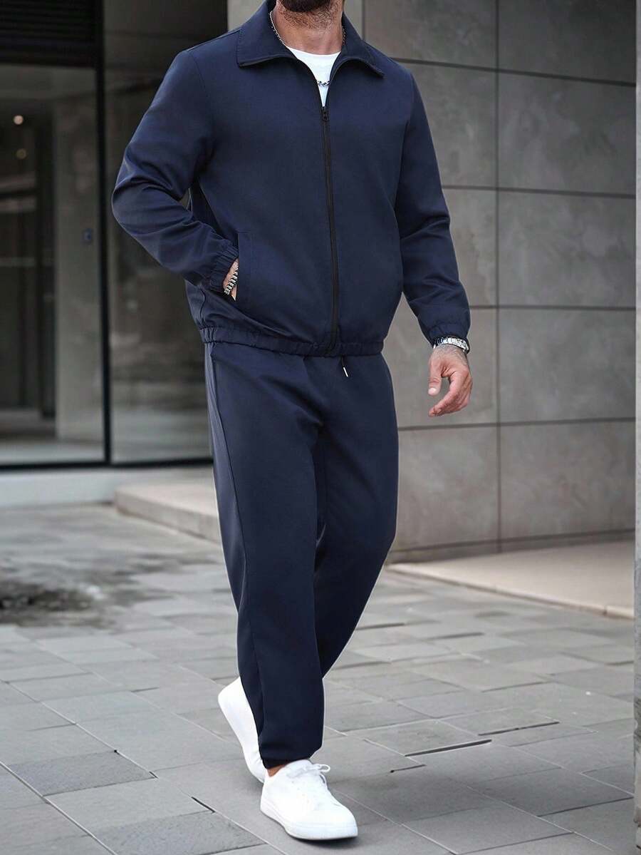 Manfinity CasualCool Men's Autumn Outdoor Clothing,2025 Men's Clothing For Autumn,Men's Popular Casual Suit, INS Matching Mature Basic Casual Business Zip-Up Jacket, Drawstring Jogger Pants, Suitable For All Seasons, Suitable For Work And Daily Matching, Essential Gift For Boyfriend Husband, Casual Wear,Fall Clothes