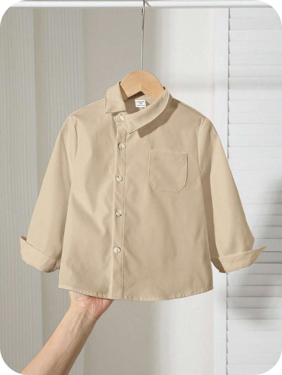 SHEIN Young Boys' Casual Comfortable Versatile Solid Color Oblique Placket Turndown Collar Long Sleeve Shirt, Suitable For Graduation And Back To School Season - Khaki - View 1