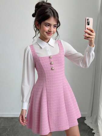 Tween Girl Casual Minimalist Comfortable Collared Long Sleeve 2 In 1 Cinched Waist Dress Fall Winter