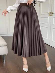DAZY 女士优雅褶裥A字裙，秋冬女装半身裙 - 棕色 - 查看 4