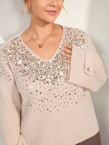 Momelise Áo len dệt kim đính cườm cổ chữ V thanh lịch dành cho nữ thiết kế mới, thời trang và tinh tế - Lạc đà - Xem 6