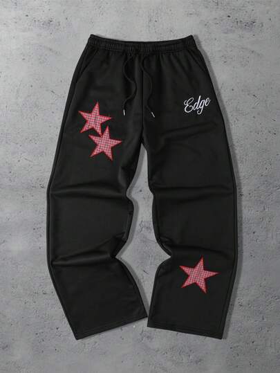 Street Life Pantaloni della tuta larghi da uomo con stella a cinque punte ricamata a quadri