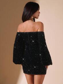 SHEIN BAE Váy ngắn cổ vuông đính sequin nhung đen cho nữ, trang phục dự tiệc cocktail, phù hợp đi hộp đêm, tiệc tùng, những dịp trang trọng, sự kiện ngày lễ, Halloween, Giáng sinh - màu đen - Xem 2
