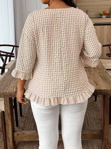 Weeklong Plus Size Casual Plaid Ruffle Trim Shirt Fall - Khaki - View 2