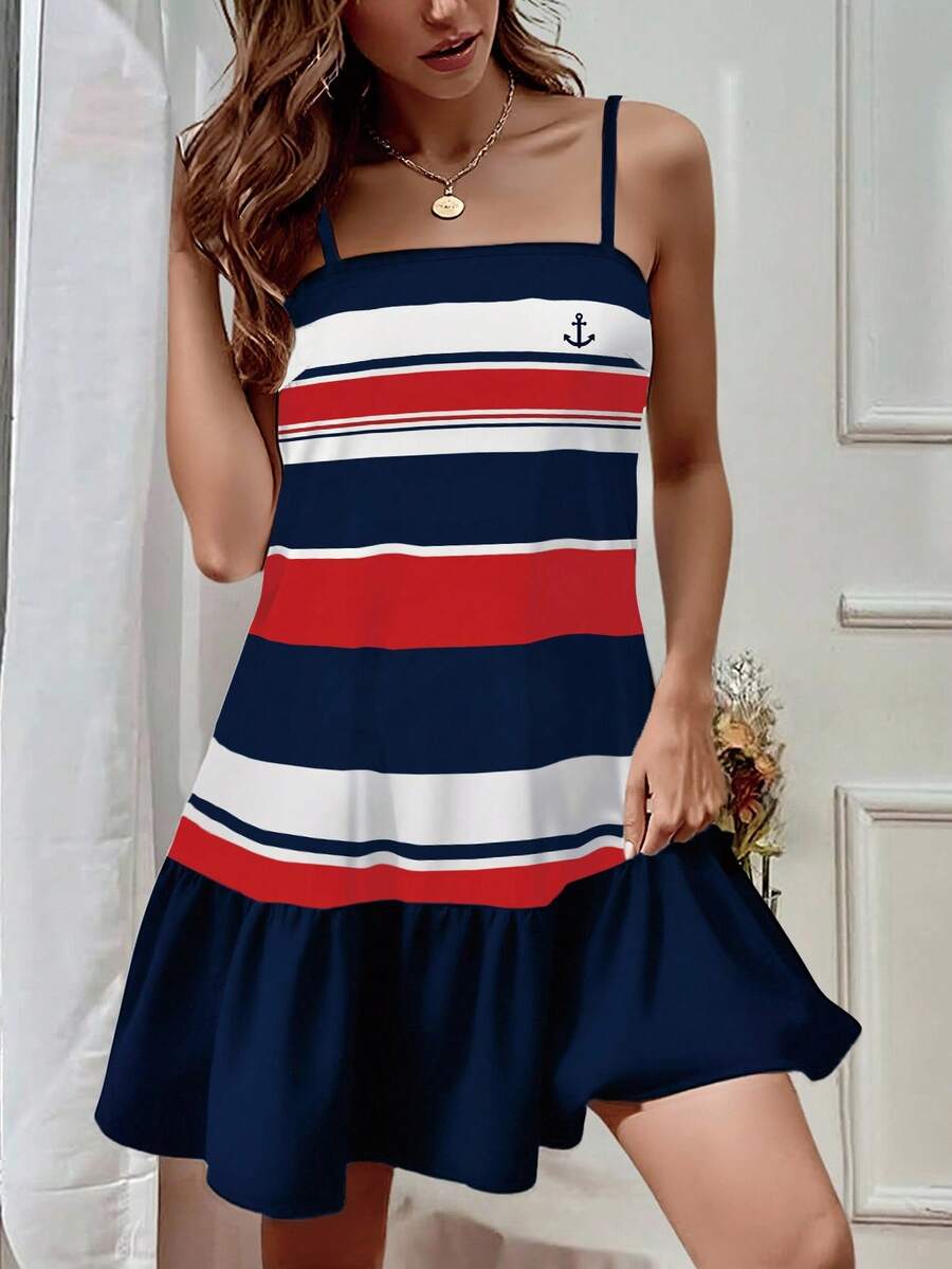 INAWLY 条纹航海风格时尚短款吊带连衣裙