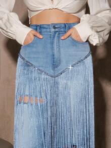 Anewsta Nuevos jeans rectos azules con flecos y pedrería de moda para el Día de San Valentín para mujer - Azul - Ver 5