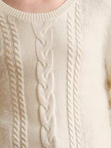 Uhlyne Vintage French Chic Versatile Casual Loose Apricot Crew Neck Faux Fur Texture Twist Rope Knit Sweater, Suitable For Autumn/Winter, Back To School, Party, Earth Tone For Women - Apricot - View 10