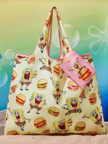 SpongeBob SquarePants | SHEIN 1 件可爱卡通汉堡图案可折叠购物袋，手提袋，带可拆卸链条袋，适合挂在包上 - 黃色 - 查看 2