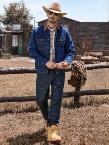 Manfinity Nomadique 男士休闲街头风刺绣贴袋抗皱耐穿蓝色牛仔夹克，秋季款