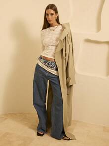 Aralina 秋冬提花花卉刺绣船领薄纱长袖修身女式上衣，适合圣诞节和仙女主题夜晚外出穿着 - 米色 - 查看 8