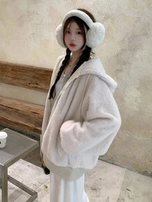 DAZY 女士纯色连帽宽松休闲仿皮草大衣，韩版夹克 - 藕粉色 - 查看 1
