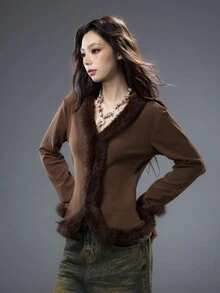 Bloopia Maillard 破洞别致女士磨边修身长袖开衫，秋冬，万圣节 - 棕色 - 查看 4