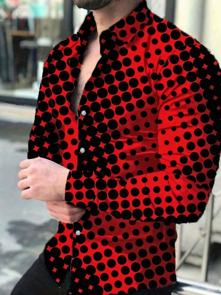 Manfinity Homme 男士休闲度假派对波尔卡圆点印花长袖衬衫,春秋季 - 紅色 - 查看 1