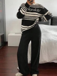 DAZY Bộ đồ ngủ dài tay dệt kim họa tiết sọc họa tiết cho nữ 2 món, đồ mặc nhà thường ngày cho mùa thu/đông, quần áo mùa thu - màu đen - Xem 4