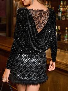 SHEIN Clasi Maglietta a maniche lunghe in velluto aderente da donna, maglietta in velluto nero autunno/inverno, maglietta nera per Capodanno, maglietta con glitter, top da festa per donna, top nero con strass, abito nero scintillante, abito con diamanti, abito di lusso per donna, Natale per donna, inverno per donna, comodo autunno e inverno per donna, Nuovo Anno, Ringraziamento per donna, abito elegante da festa, top con paillettes