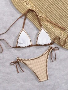 Bonvoyette Bộ 2 bikini nữ màu trắng, chất liệu vải dệt họa tiết hình vỏ sò, kiểu dáng đơn giản, thanh lịch, thích hợp cho mùa xuân/hè, đi biển, sân bay hoặc đi nghỉ mát. - Màu be - Xem 2