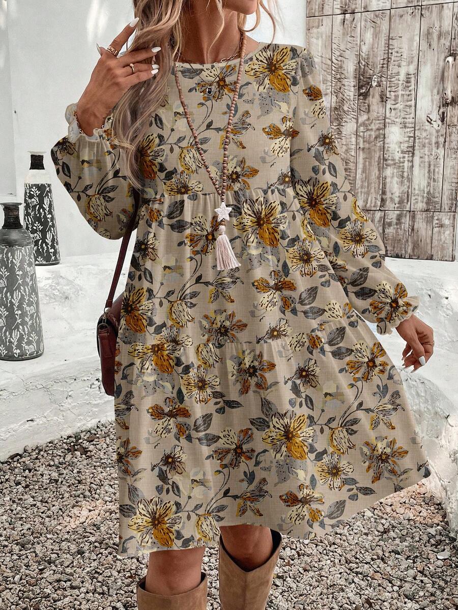 EMERY ROSE Váy suông cổ tròn họa tiết hoa nhỏ gọn, đơn giản, thoải mái, cỡ lớn, phù hợp cho mùa thu/đông - Nhiều màu - Xem 1