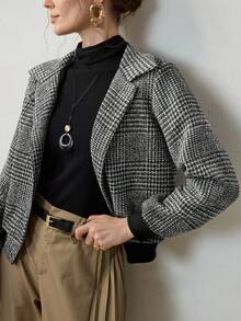 Uhlyne 秋冬新款时尚梭织翻领格纹优雅长袖休闲修身纽扣设计女式夹克外套