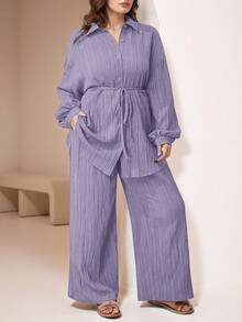 Veilorie 2 件大码纯色前扣长袖休闲衬衫和裤子套装 2 件套 - 紫色 - 查看 1