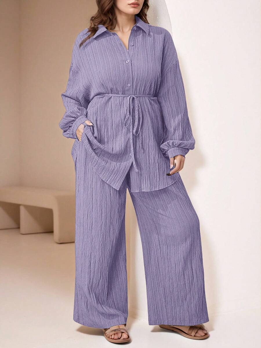 Veilorie 2 件大码纯色前扣长袖休闲衬衫和裤子套装 2 件套 - 紫色 - 查看 1