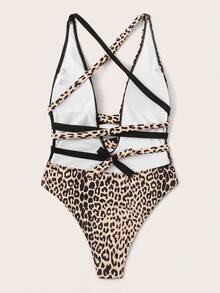 Swim SXY 2pcs/Set Leopard Print Random Extremely Low Cut & High Cut One-Piece Swimsuit