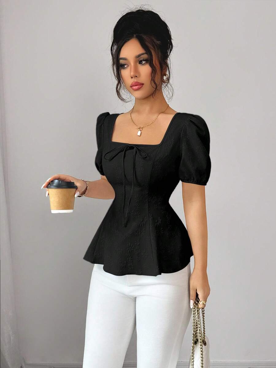 Elenzga 全新时尚百搭法式蝴蝶结灯笼袖优雅提花面料女式衬衫 - 黑色 - 查看 1