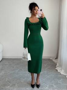 Elenzga Women's Autumn/Winter New U-Neck Floral Design Elegant Fitted Flare Sleeve Midi Knit Sweater Dress, Versatile For Daily Wear And Dates - Green - View 3