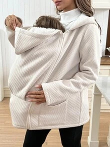 SHEIN 3-In-1 Maternity Hooded Jacket With Thermal Lining, Casual For Autumn/Winter Winter Clothes Chic - Apricot - View 7