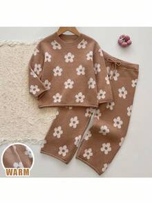 Loomiva Young Girl Jacquard Crew Neck Long Sleeve Sweater & Elastic Waist Pants 2 Piece Set Kids Two Piece Set Girl Brown Set Girls Knit Set Girls Floral Set,In Fall/Winter Kids Comfy Set Girls Winter Sets Kids Pajama Set Girls Girls Lounge Pants Girls Loungewear Set Kids Young Girls Sets Winter Girls Set Girls Pajamas Set