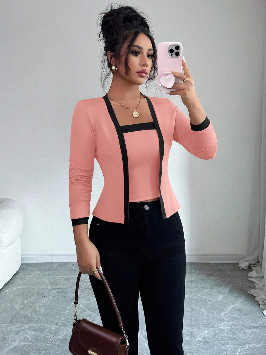 Elenzga 2pcs Women Knit Patchwork Elegant Cardigan & Sleeveless Top Set - Multicolor - View 1