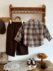 DAZY Boys (Small) Casual Plaid Shirt Set, Loose Fit, Japanese Style, Autumn