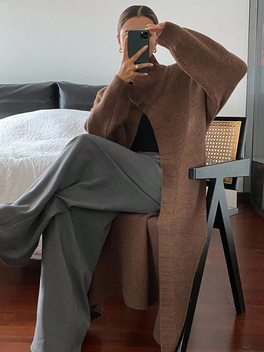 DAZY Women's Solid Color Floral Chiffon Loose High Neck Long Sleeve Long Cardigan, Casual Street Style, Autumn/Winter - Brown - View 1