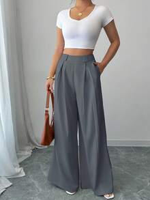 Elenzga 休闲高腰纯色杏色裤裙，优雅款式，适合日常和工作穿着，毕业季，复古音乐节，德比，独立日 - 灰色 - 查看 3