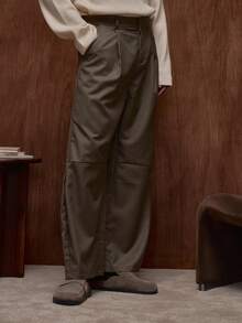 Musero 双褶高级修身长裤，纽扣门襟，腰带环设计，秋冬/春夏款 - 軍綠色 - 查看 3
