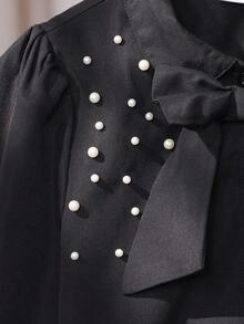 Sparklyn 女童衬衫，泡泡长袖，肩部珍珠装饰，可拆卸蝴蝶结装饰，宽松版型，活力风格，舒适面料，适合与背带裙搭配或作为内衣，春秋季 - 黑色 - 查看 5