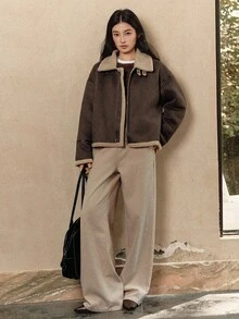 Dazy-Less 女士时尚百搭常规款夹克，秋冬季保暖内衬女式外套 - 棕色 - 查看 3