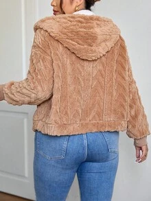 SHEIN Essnce 大码女装秋冬时尚休闲宽松舒适温柔日常保暖毛绒卡其色连帽夹克，女士冬装，冬季外套 - 卡其色 - 查看 2